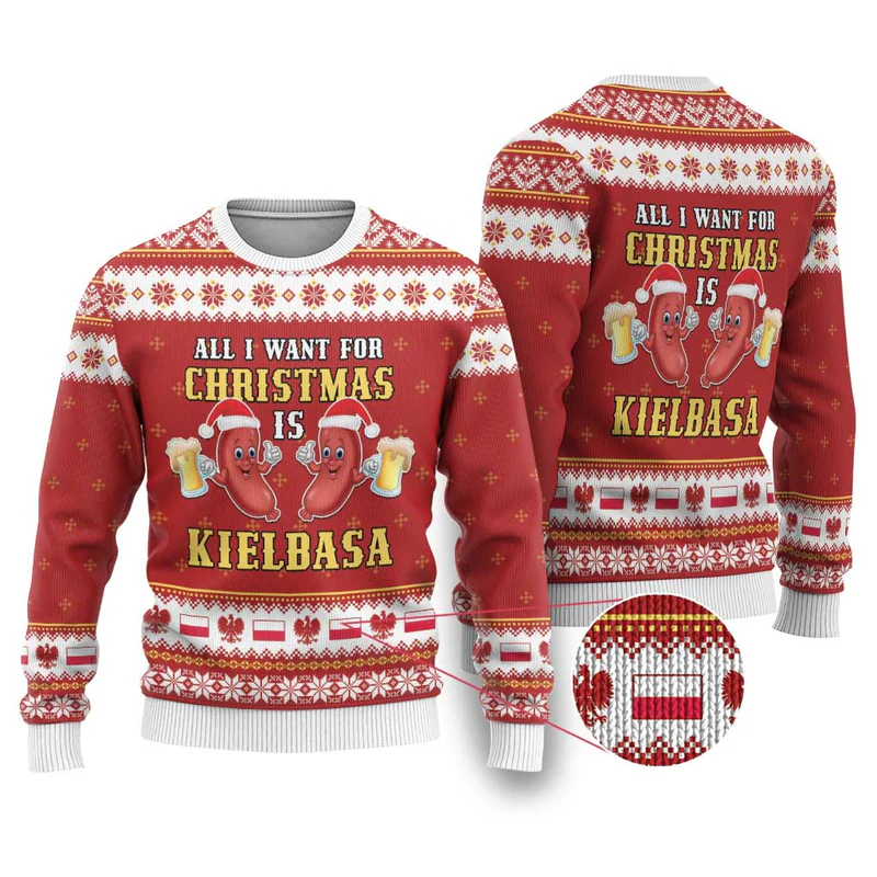 Poland Christmas Ugly Christmas Sweater All I Want For Xmas Is Kielbasa