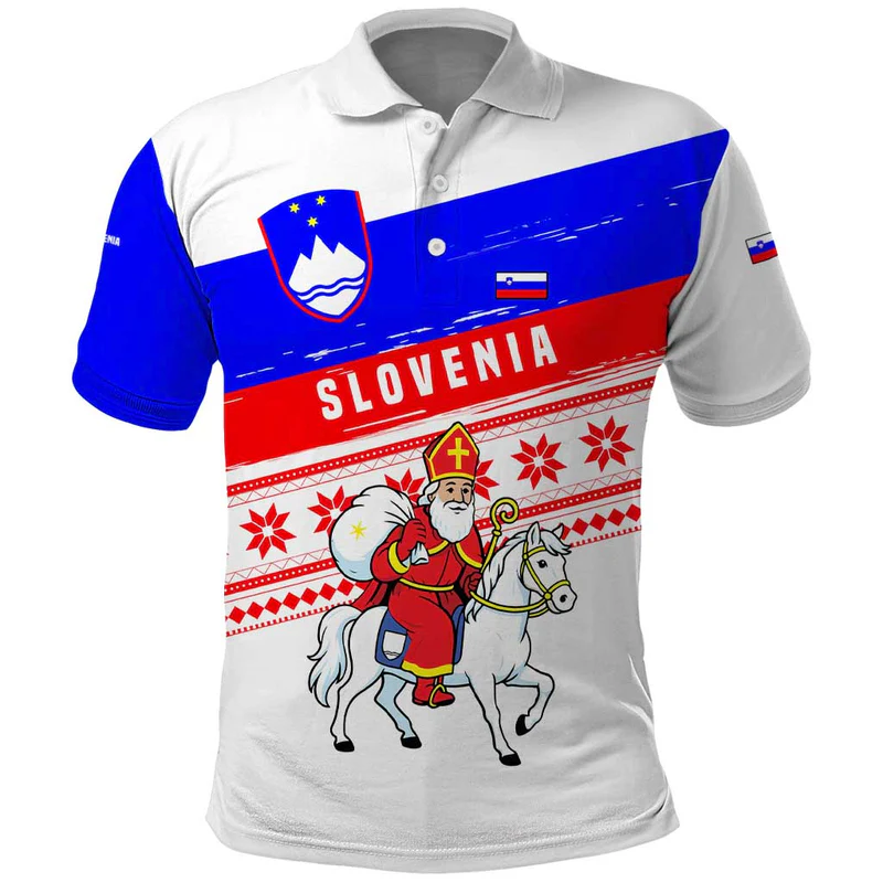 Slovenia Christmas Polo Shirt with Saint Nicholas White Horse Snowflake Pattern and National Flag Design