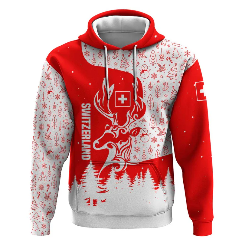 Switzerland Christmas Hoodie with Red Reindeer Snow Forest and Holiday Icon