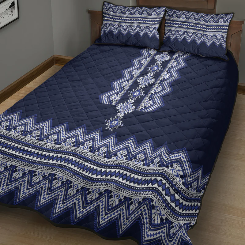 Ukraine Folk Pattern Quilt Bed Set Ukrainian Navy Blue Version