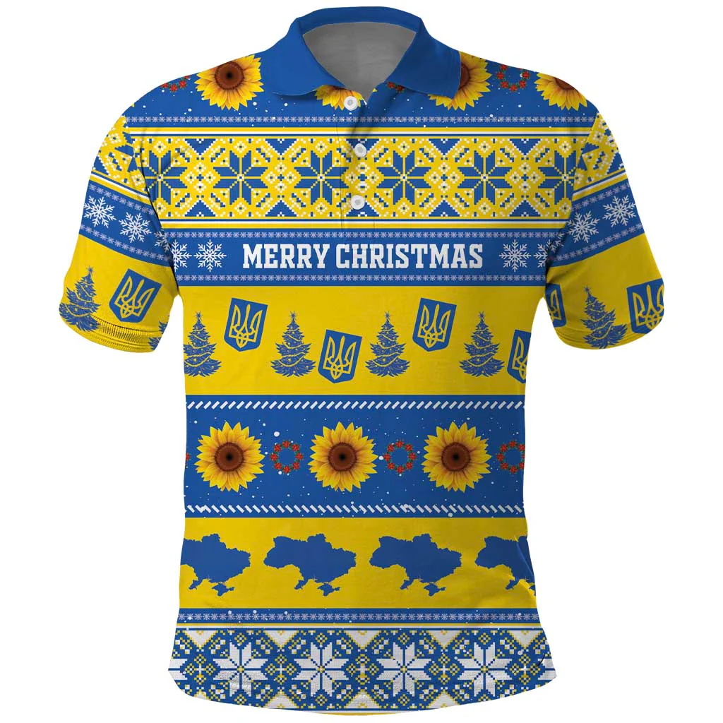 Christmas Ukraine Polo Shirt Tryzub With Map Folk Pattern
