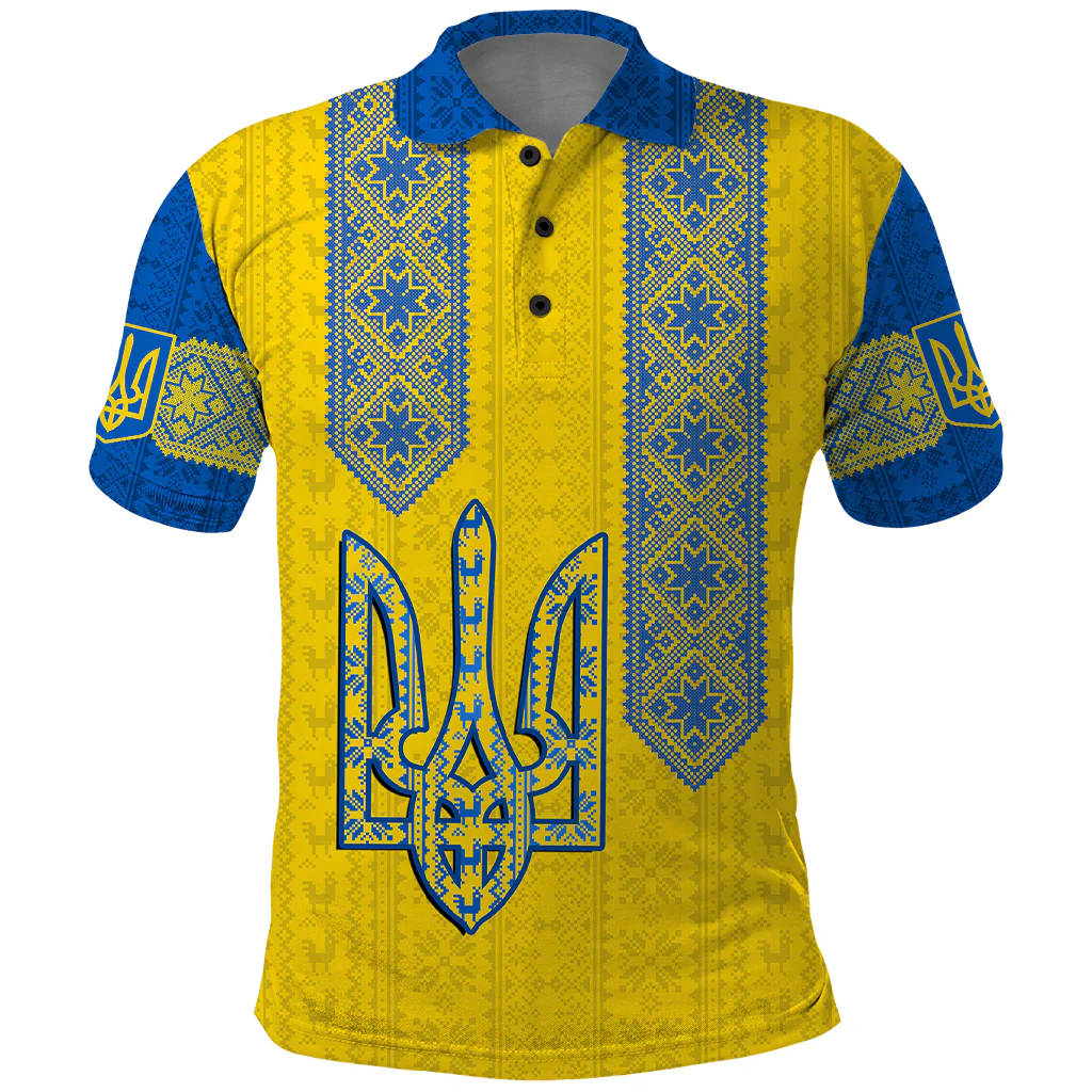 Ukraine Polo Shirt Gold Trident Folk Pattern