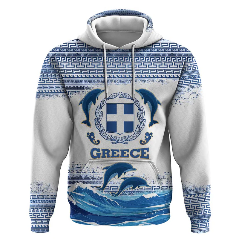 Greece Dolphin Hoodie with Greek Key Pattern and Ocean Wave Design