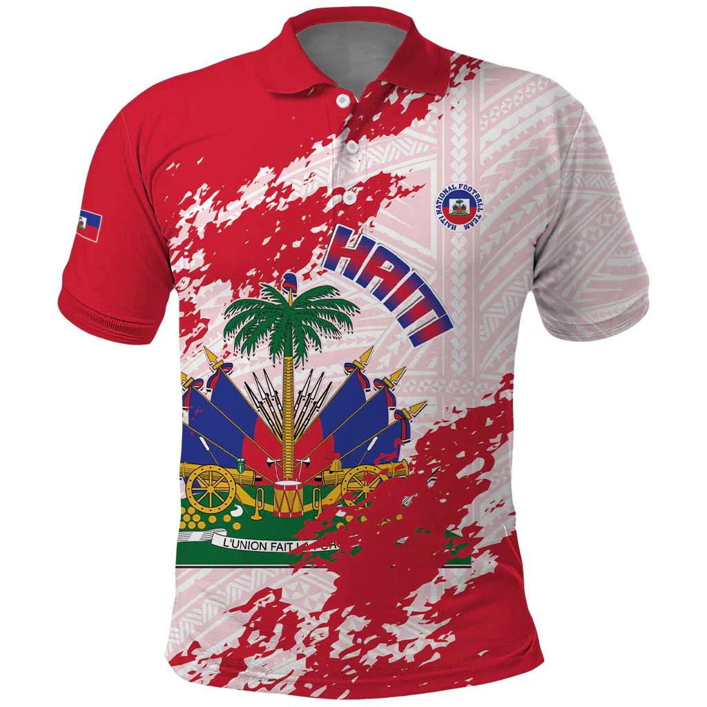 Custom Haiti Football Polo Shirt Les Grenadiers Red Grunge Polynesian Tattoo