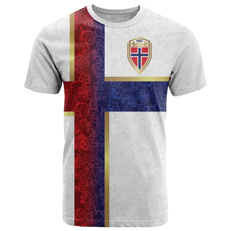 Custom Norway Football T Shirt Norwegian Flag Style with Rosemaling Pattern