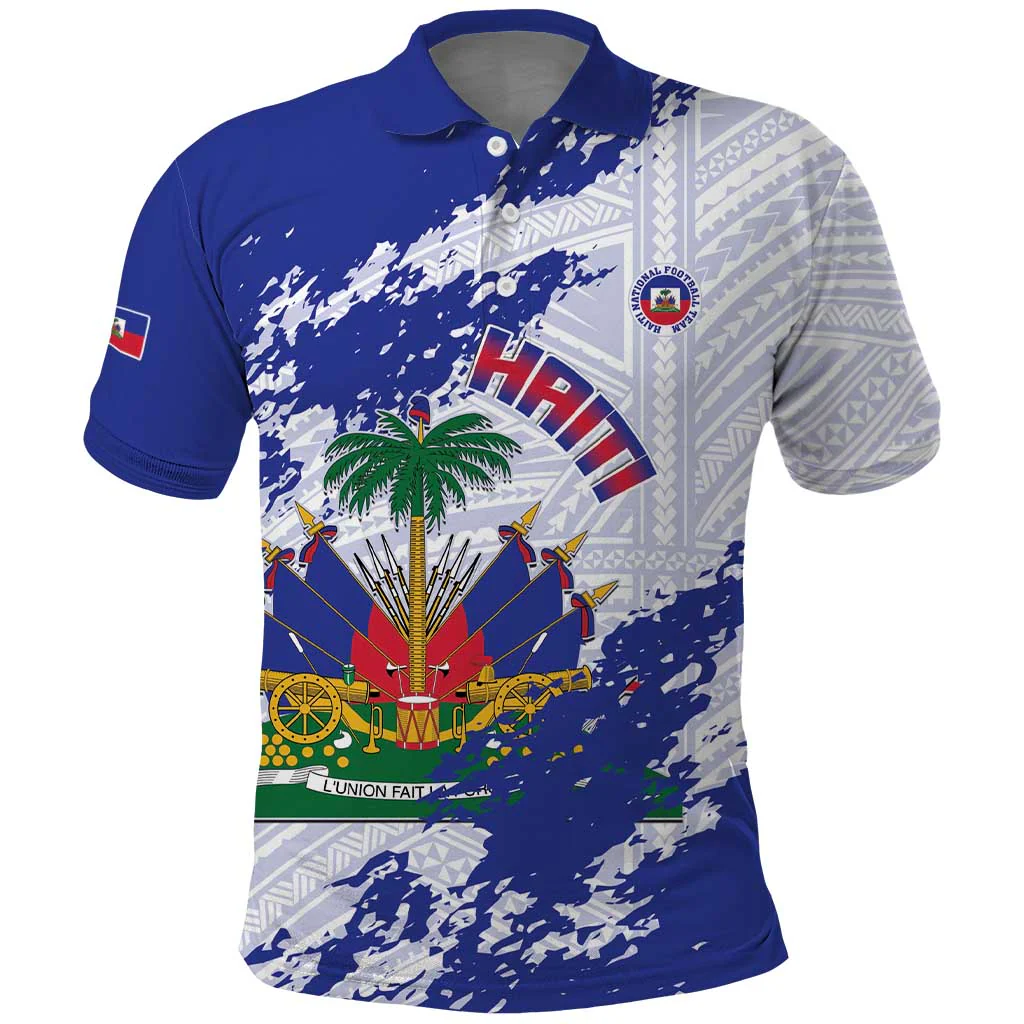 Custom Haiti Football Polo Shirt Les Grenadiers Blue Grunge Polynesian Tattoo
