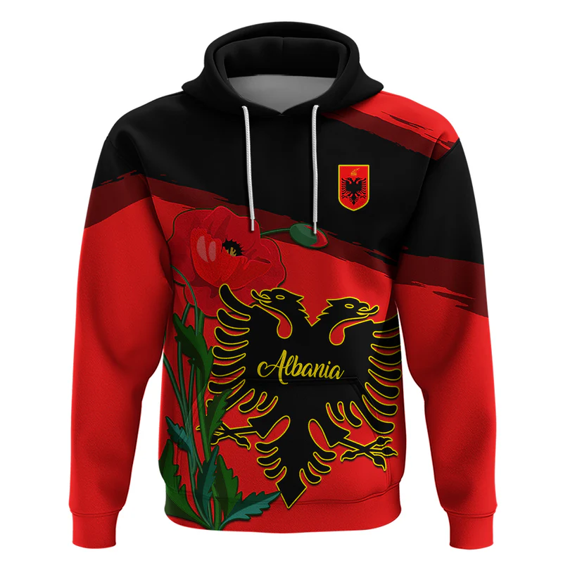 Personalised Albania Flag Day Hoodie Albanian Coat Of Arms With Red Poppy