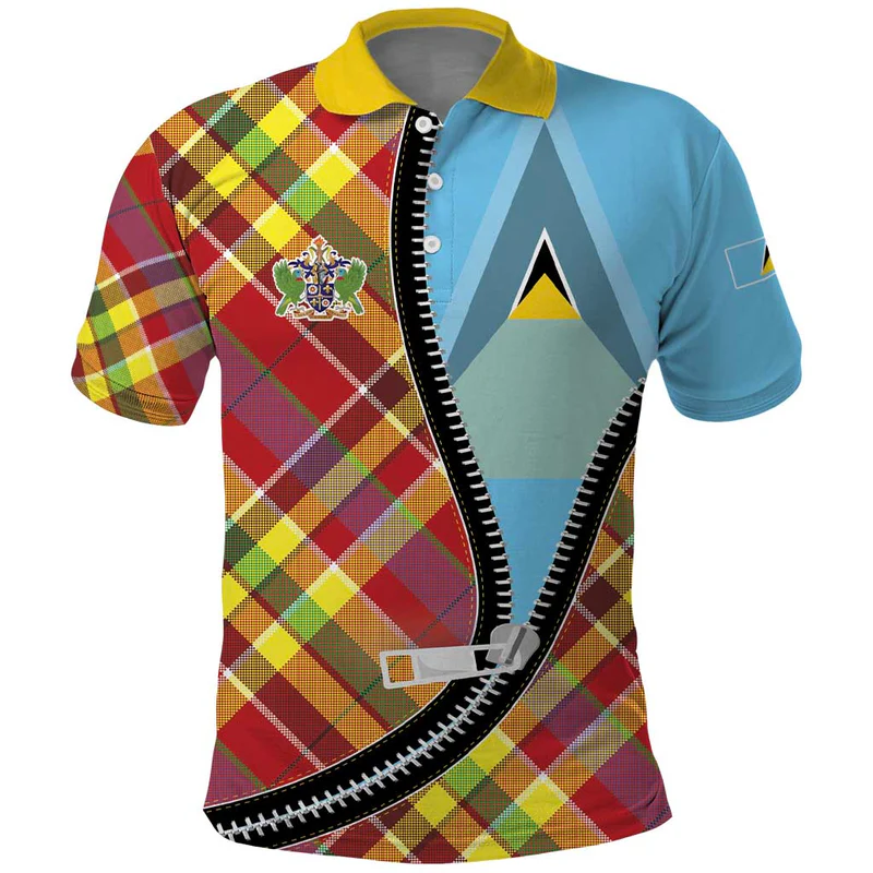 Saint Lucia Creole Day Polo Shirt Madras Pattern Zipper Stylized