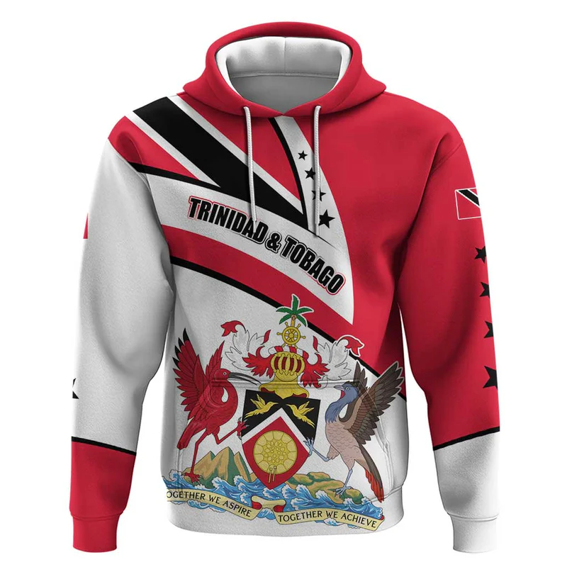 Trinidad and Tobago National Map Hoodie with Scarlet Ibis and Coat of Arms on Red White Star Theme