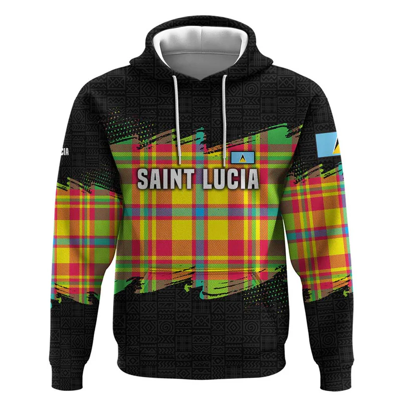 Saint Lucia Parrot Hoodie with Madras Pattern and Cultural Black Motif Design