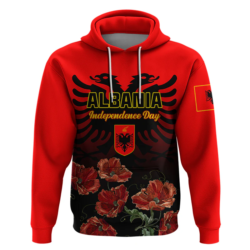 Personalised Albania Independence Day Hoodie Albanian Coat Of Arms With Red Poppy Flower