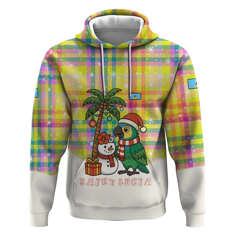 Saint Lucia Christmas Hoodie with Parrot Palm Tree Snowman and Plaid Holiday