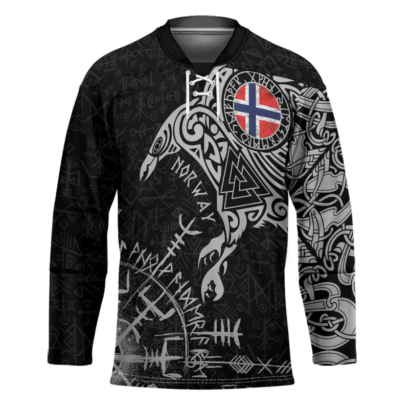 Norway Viking Ravens Hockey Jersey Vegvisir Runes Pattern