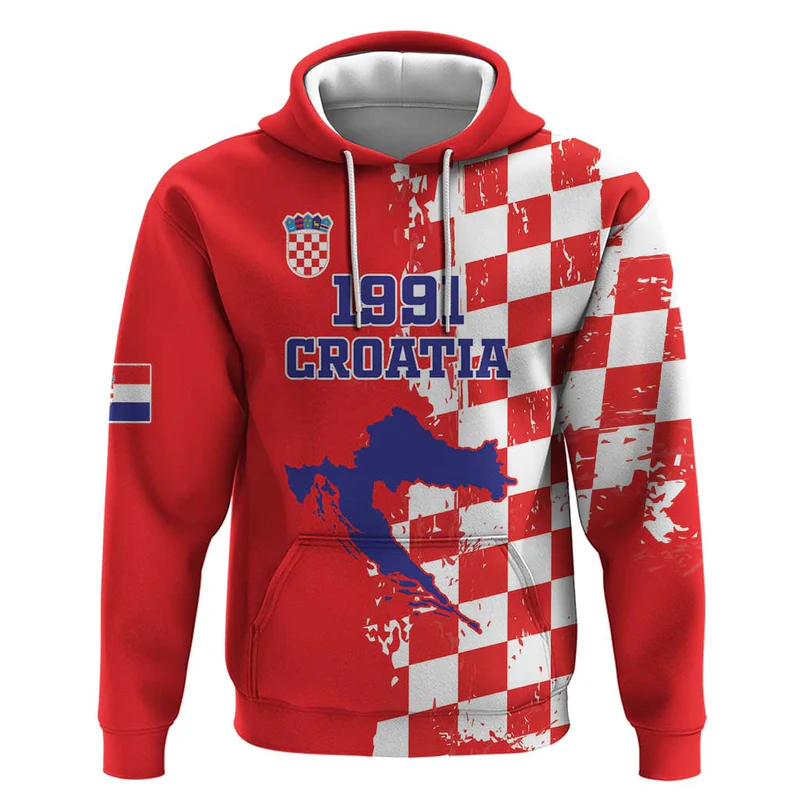 Custom Croatia Independence Day Hoodie Grunge Checkerboard Patterns With Map