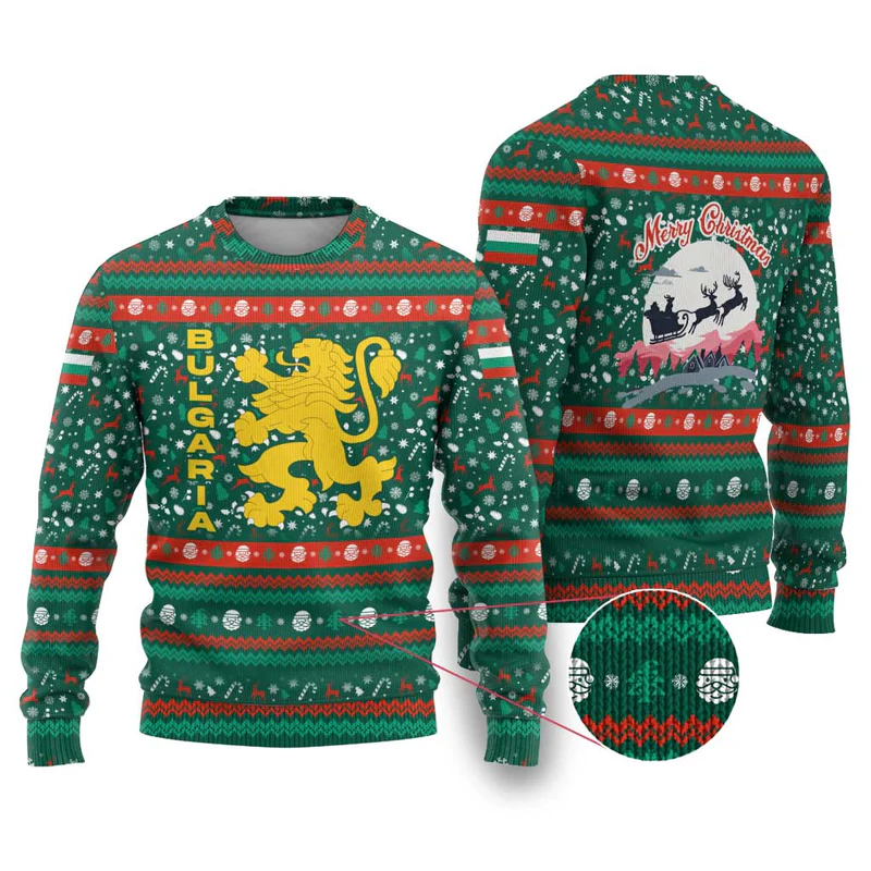 Bulgaria Christmas Ugly Christmas Sweater with Green-Red Theme, Golden Lion, and Santa Sleigh Motif