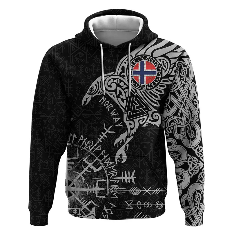 Norway Viking Ravens Hoodie Vegvisir Runes Pattern