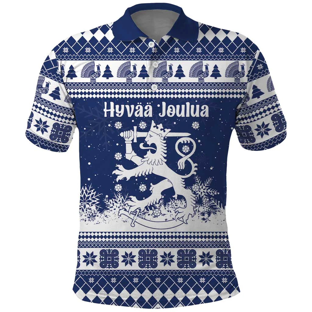 Finland Christmas Hannunvaakuna Polo Shirt Hyvaa Joulua Nordic Snow Lion Blue Version