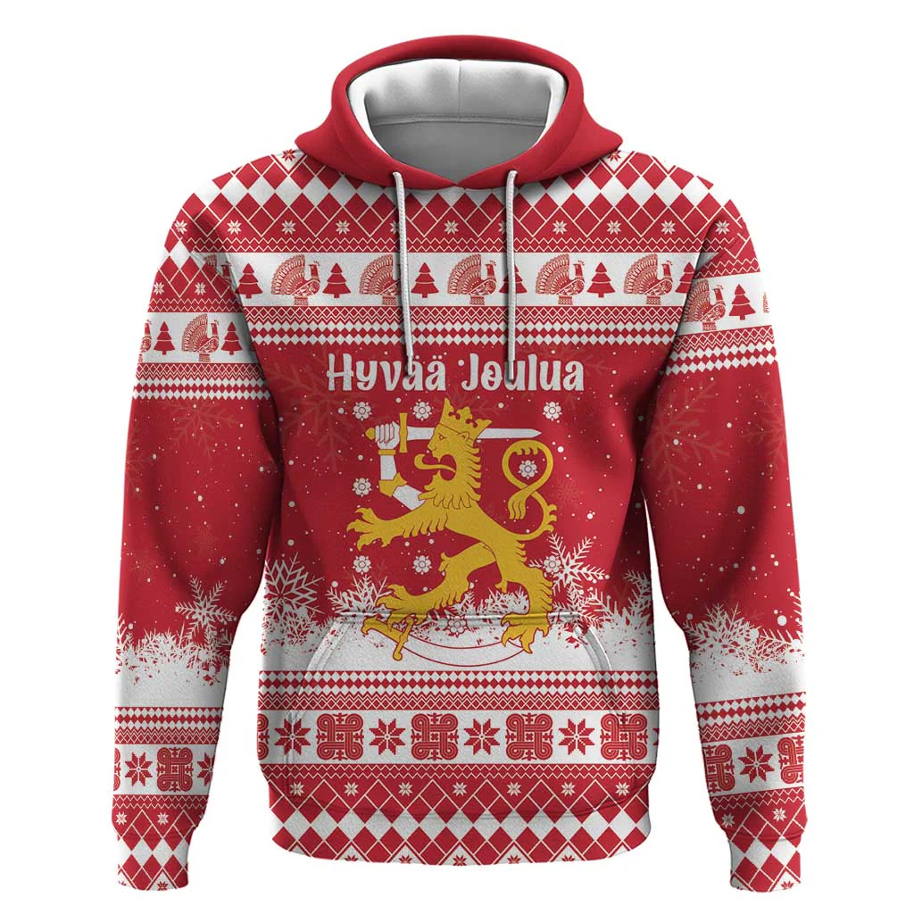Finland Christmas Hannunvaakuna Hoodie Hyvaa Joulua Nordic Snow Lion Red Version