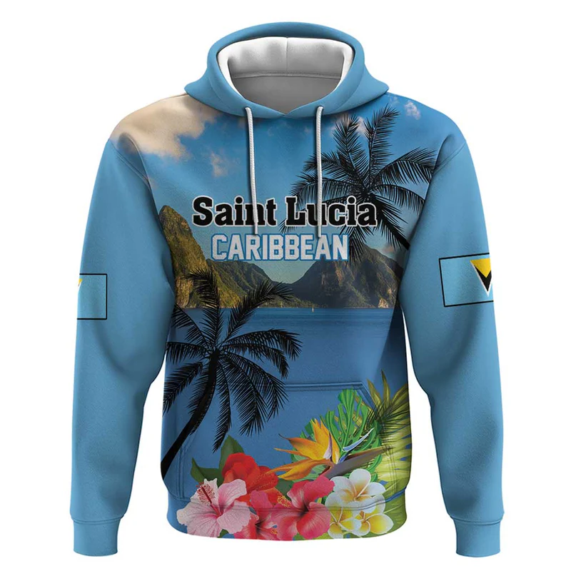 Saint Lucia Pitons Hoodie With Hibiscus Flowers