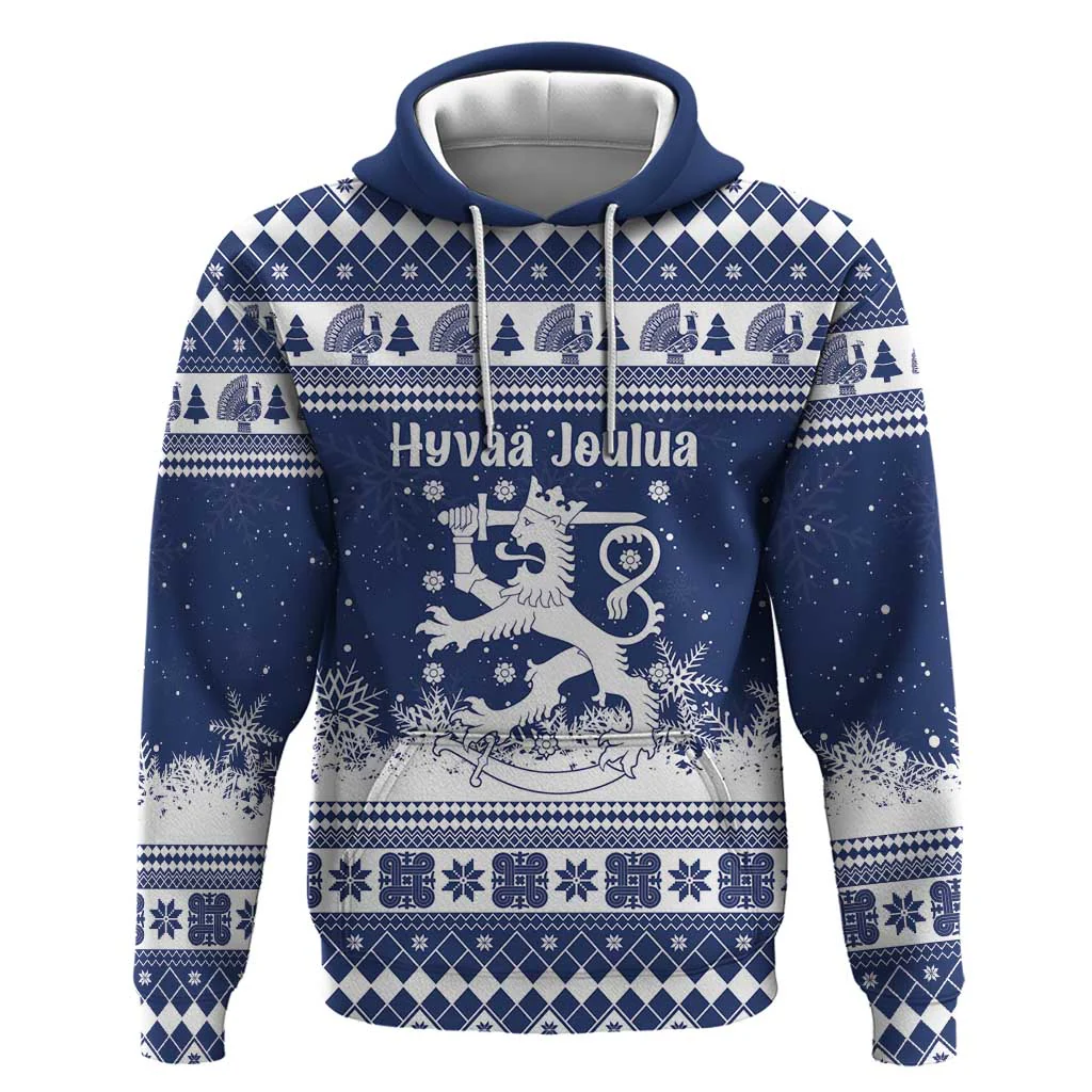 Finland Christmas Hannunvaakuna Hoodie Hyvaa Joulua Nordic Snow Lion Blue Version