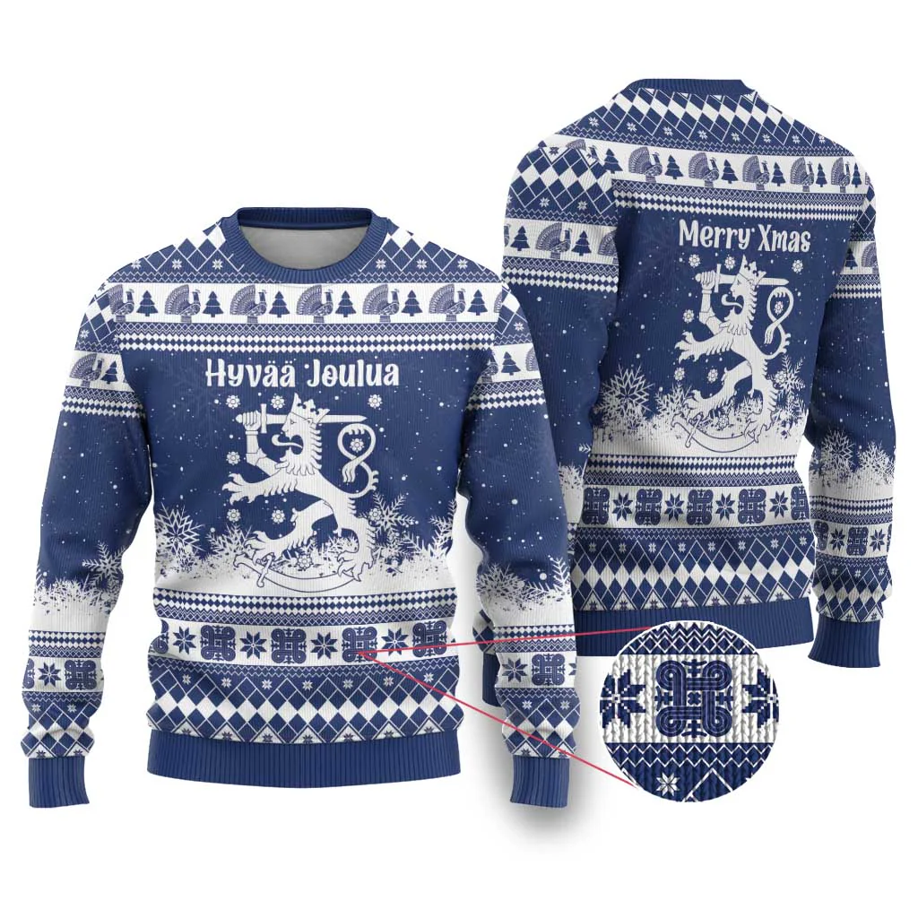 Christmas Finland Hannunvaakuna Ugly Christmas Sweater Hyvaa Joulua Nordic Snow Lion Blue Version