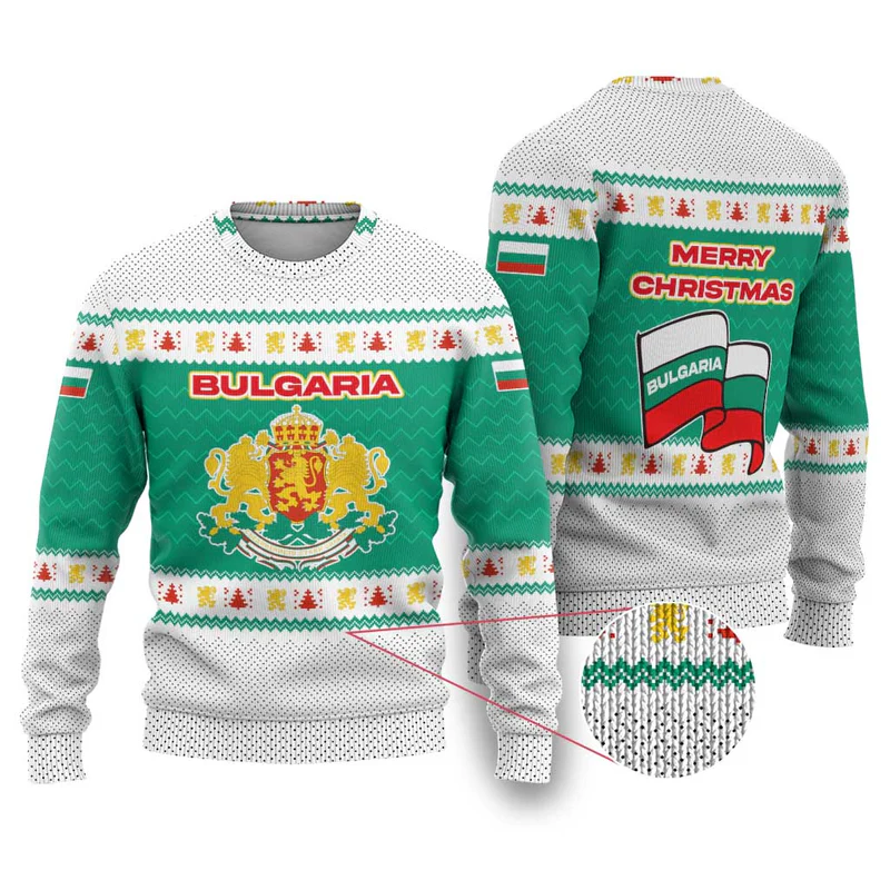Bulgaria Christmas Ugly Christmas Sweater with Green-White Theme, Coat of Arms, and National Flag Motif