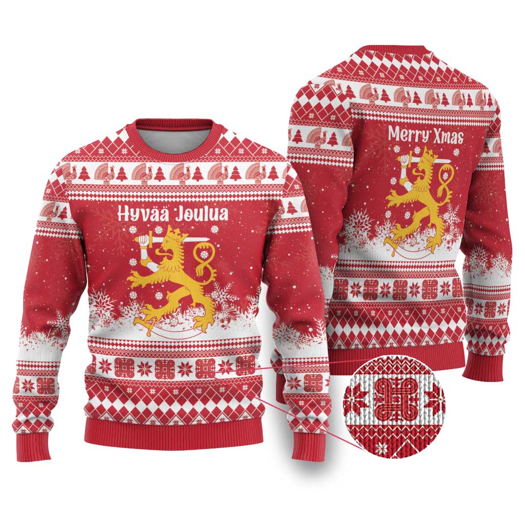 Finland Christmas Hannunvaakuna Ugly Christmas Sweater Hyvaa Joulua Nordic Snow Lion Red Version